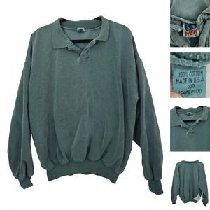 Vintage WEK Made in USA Collared Sweatshirt Green Boxy Faded 90s Mens XL